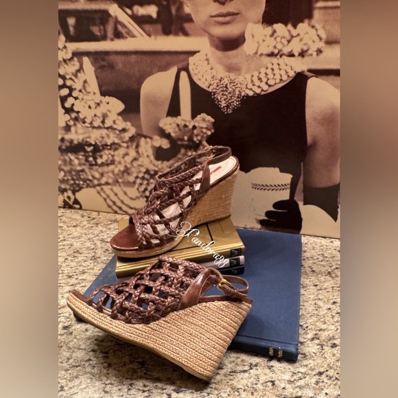 Prada brown caged wedge strappy braided Sandals - Picture 3 of 7